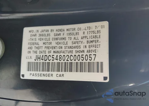 2002 Acura Rsx из США, поврежденный, VIN JH4DC54802C005057